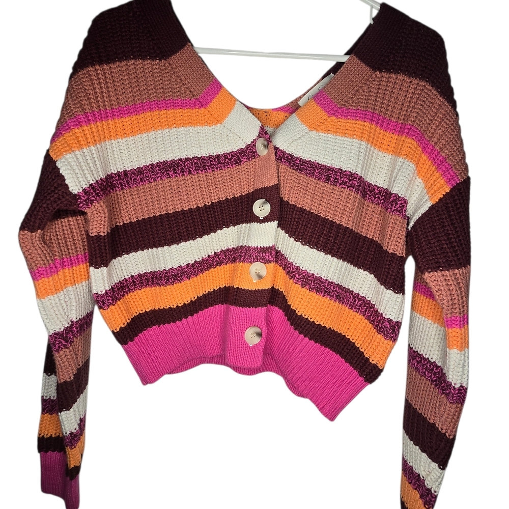 Jessica Simpson Pink and Orange Striped Cardigan M EUC